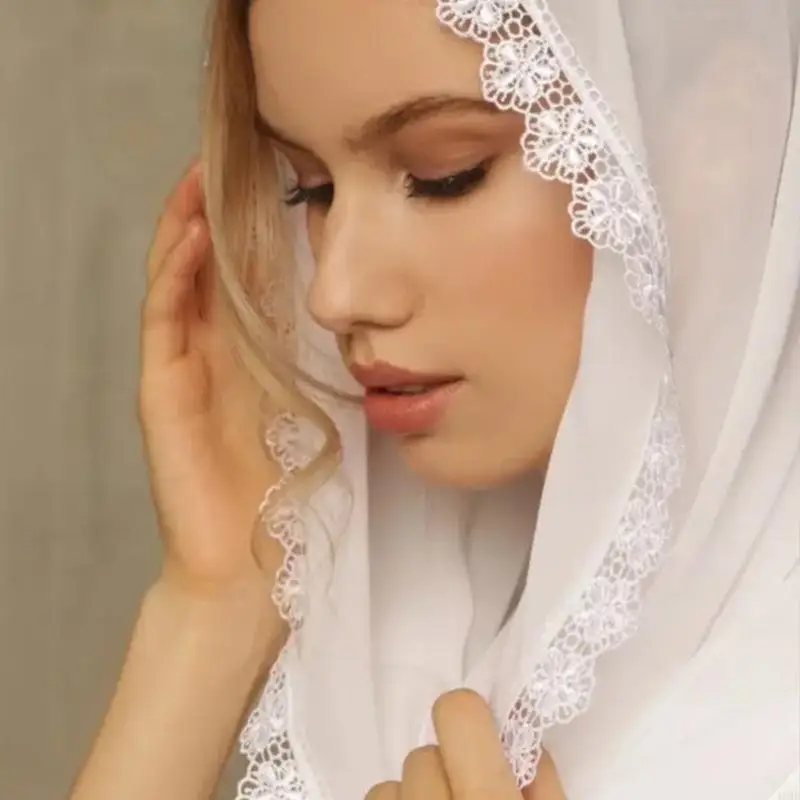 49ME Woman Lace Veil Wedding Church Lace Trim Veil Lightweight Scarf with Floral Pattern Hot Weather Muslims Girl Headscarf