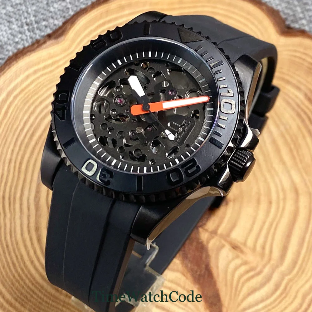 Tandorio Skeleton Automatic Watch for Men NH72 Movement 10ATM Waterproof 40mm Sapphire Crystal Transparent Dial Black Plated