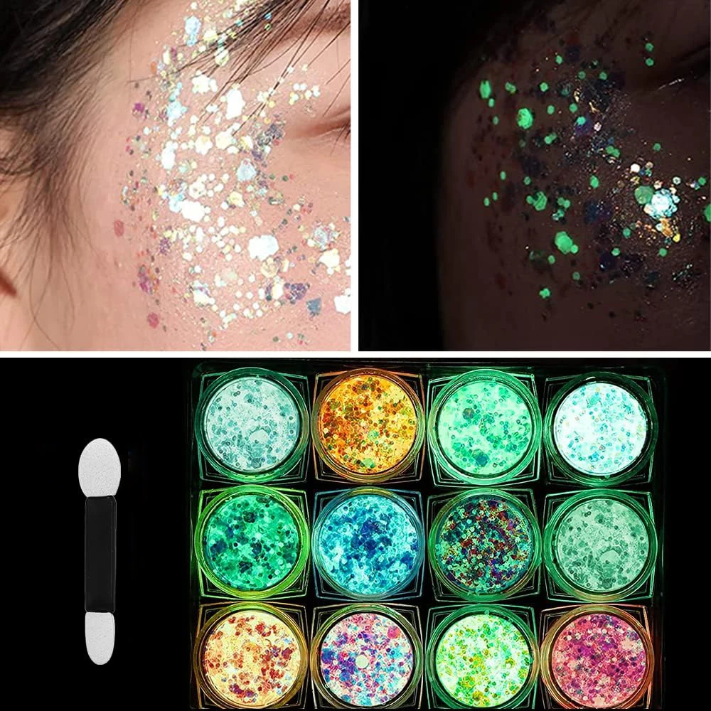 12 Colors Glitter Gel Makeup Glow in The Dark Body Glitter Gel UV Face Glitter for Women Festival Party Glitter Makeup Gel 6