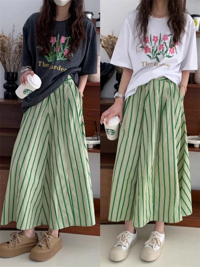 

Korean Fashion Contrast Stripe Half Skirt 2024 Women's Summer High Waist Slim A-line French Umbrella Skirts Female Clothing