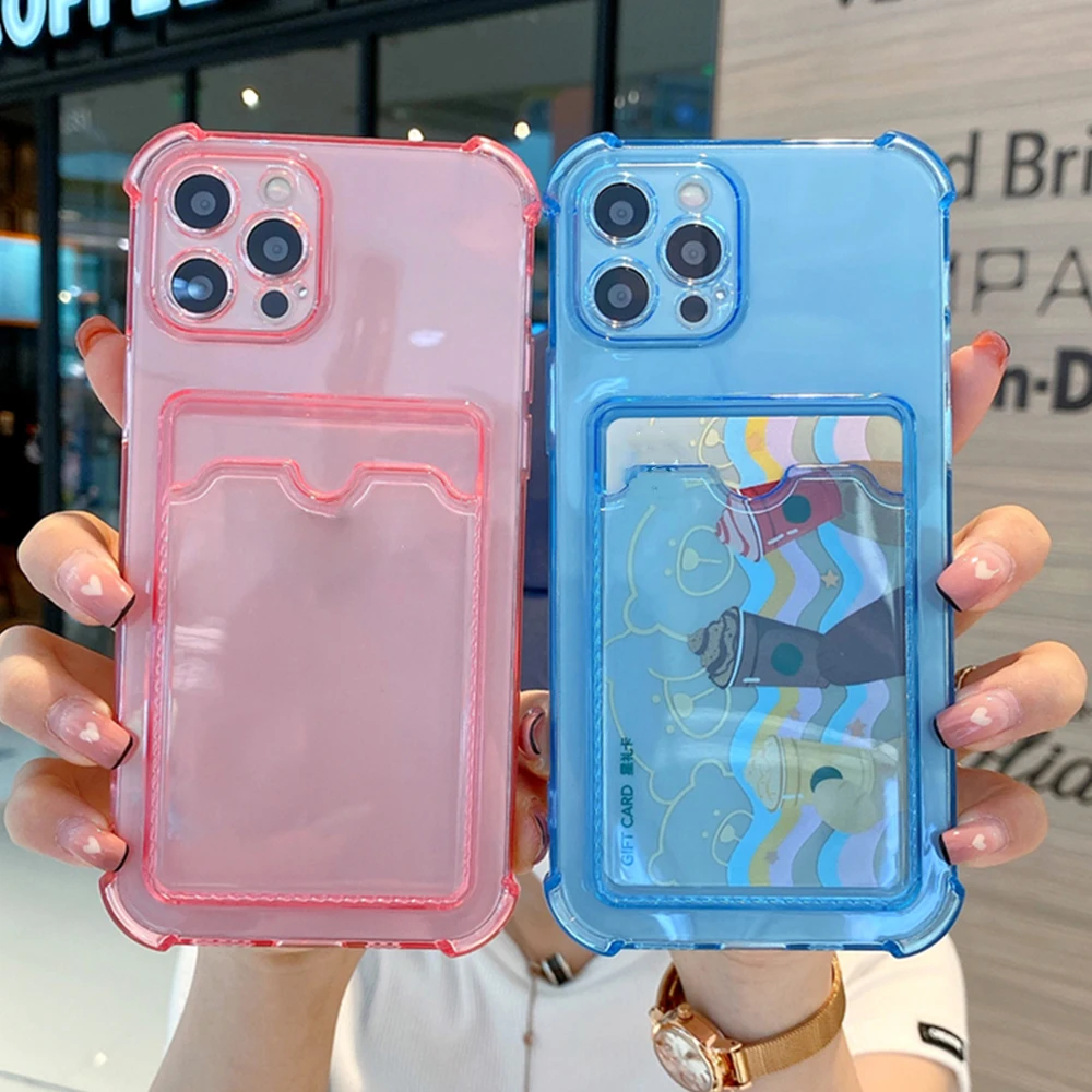 Karte Tasche Halter Transparent Telefon Fall Für Xiaomi Redmi Hinweis 10 11 Pro 10S 11S 7 8 9 9S 9A 9C NFC 10C Weiche Ecken Stoßstange Abdeckung
