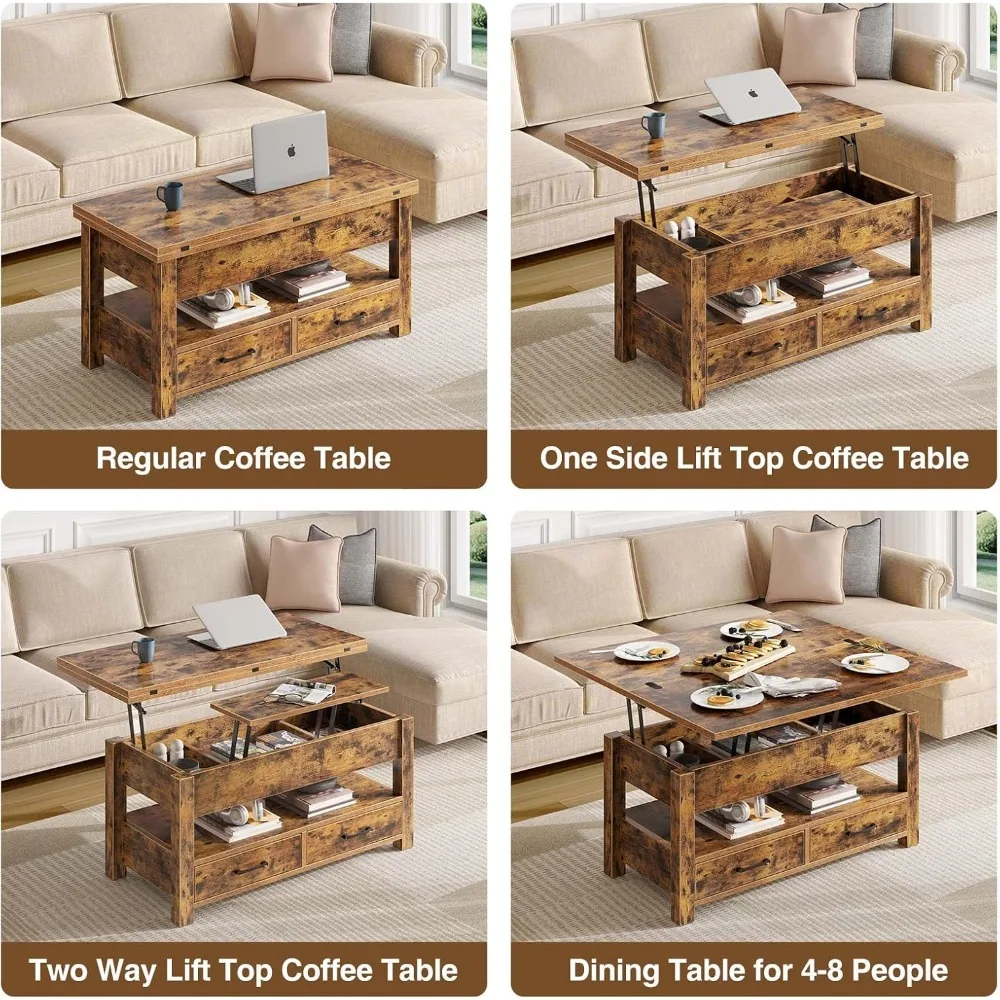 Coffee table lift top, multifunctional convertible coffee table with drawers and hidden compartments, rustic brown 6
