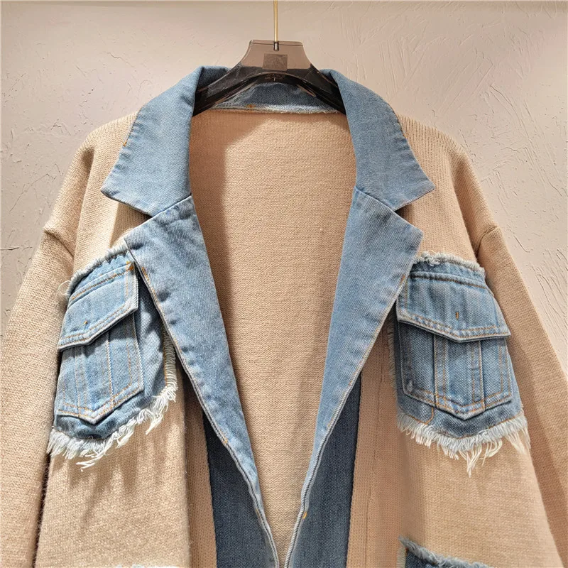 Women Denim Spliced Suit Coat Knitted Cardigan Pockets Contrast Color Jeans Blazers Coat Long Sleeve Autumn Sweater Coat Tops - Image 4