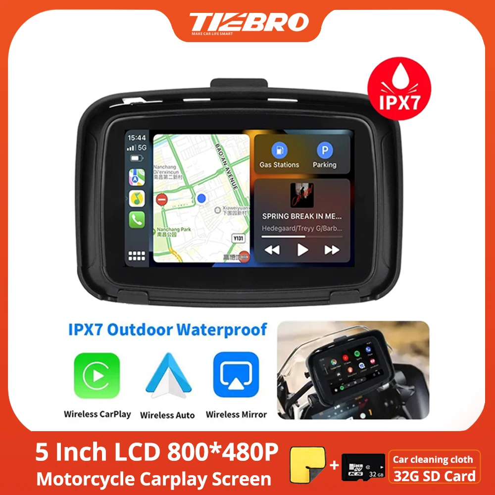 

TIEBRO 5 Inch Portable Motorcycle Wireless Carplay Android Auto Moto GPS Navigation Screen IPX7 Waterproof Display