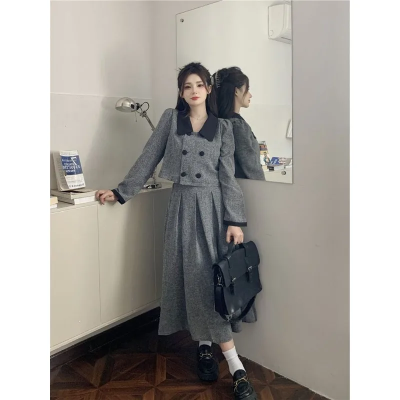 Insozkdg 여성용 스위트 우아한 스커트 정장, 더블 브레스트 블레이저 재킷 및 롱 스커트, 오피스 레이디 투피스 세트, 가을 2024 신상