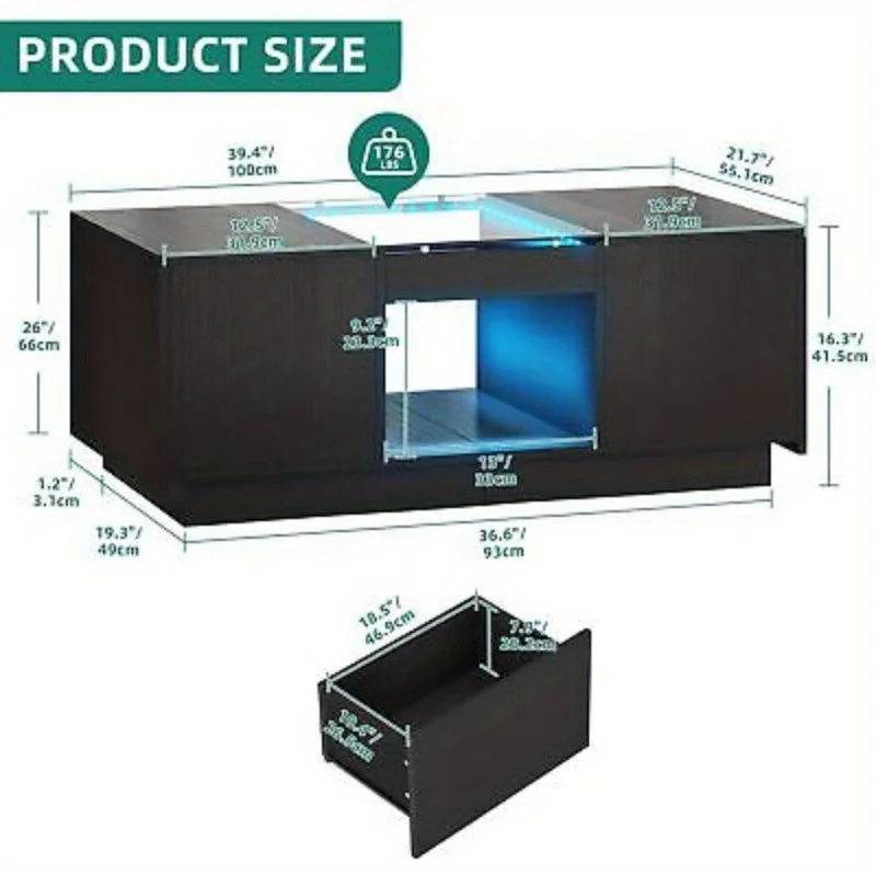 LED Coffee Tables Rectangle Center Table with Charging Station & Storage Drawers 3