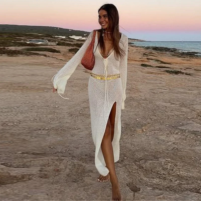 Beach V-neck Long Dress Women White Knitted Lace Up See Through High Slit Maxi Dresses 2025 Summer Lady Holiday Vacation Robes