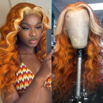 Perruque frontale en dentelle synthétique avec reflets blonds pour femmes, cheveux bouclés longs profonds, perruques ondulées, Frmeds 13tage, perruque vidéo pour la fête 1