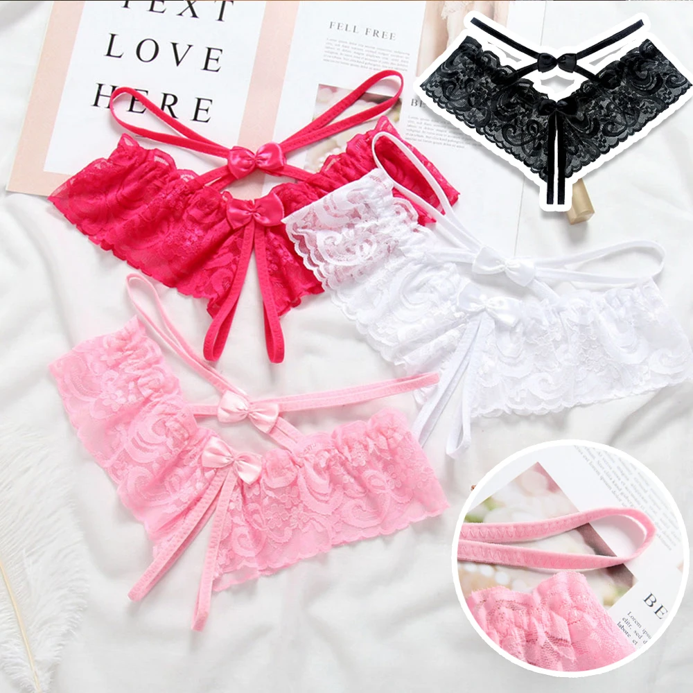 

Женские сексуальные открытые кружевные стринги с бантом, тонкие стринги с низкой талией, треугольные трусы, Прозрачное нижнее белье для женщин, трусики