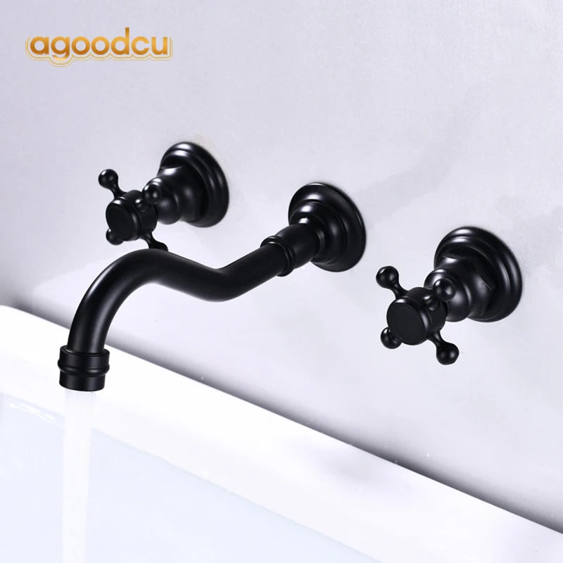 

Wall Mounted Retro Bathroom Basin Faucet Vintage Dual Handle Hot Cold Water Sink Mixer Taps Rotatable Taps Crane Antique Brass