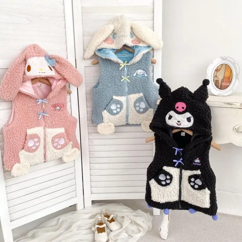 

Милый плюшевый жилет Kawaii Melody Kuromi Cinnamoroll с трехмерным рисунком аниме мультфильм куртка с капюшоном Sanrio овечья шерсть Теплый жилет подарок