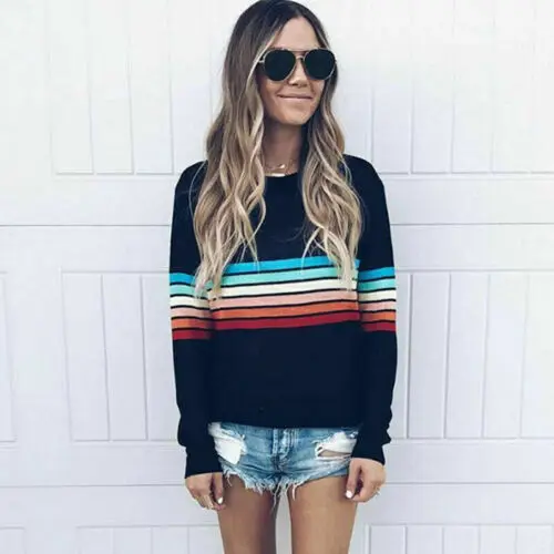 

Женский пуловер с длинным рукавом, Свитшот в радужную полоску, вязаный свитер для дам