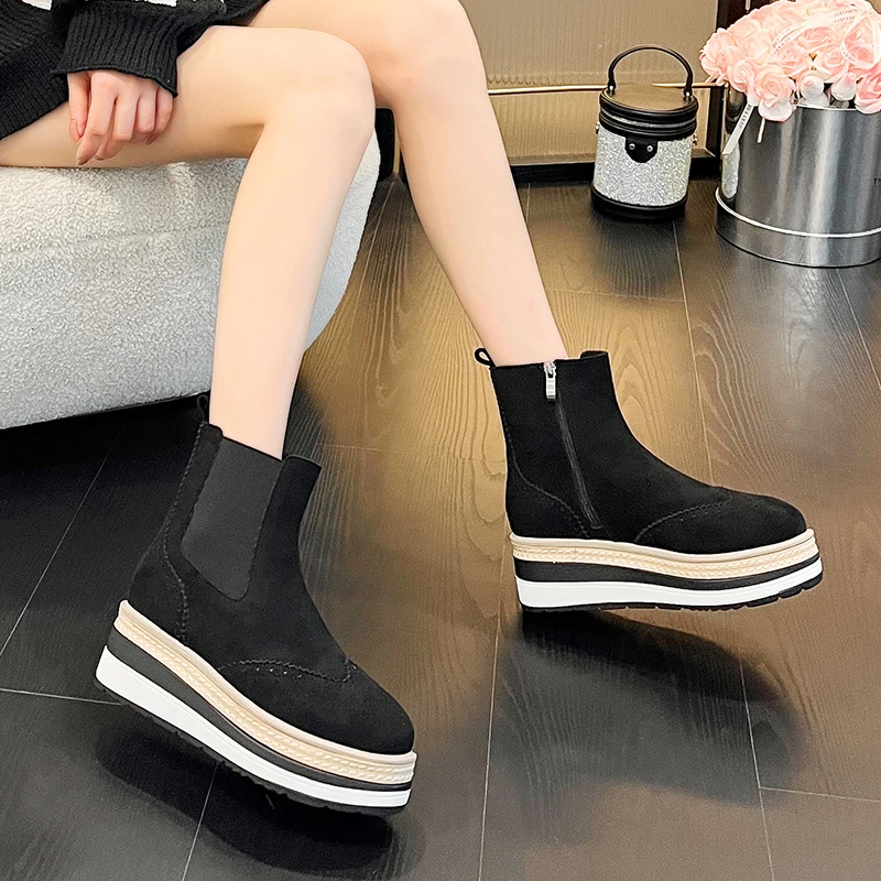 

Womens Platform Ankle Boots Wedges Shoes Ladies High Heels 7cm Heeled Creepers Black Suedue Wedge Autumn Boots Botas De Mujer