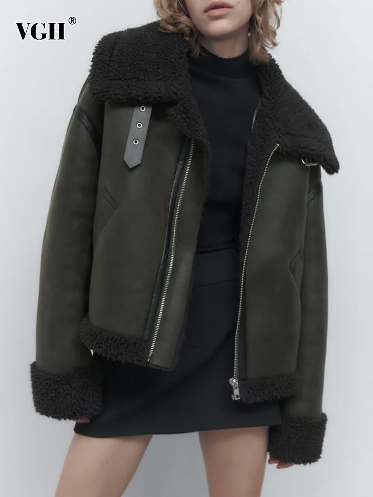 

VGH spliced lambswool casual loose jackets for women lapel long sleeve patchwork pockets streetwear jacket female fashion new