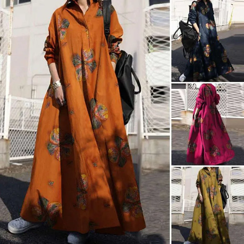 2024 Muslim Women's Clothing Spring New Elegant Abaya Printing Cotton Hemp Retro Ethnic Robe Loose Long Sleeved Large Hem Dress