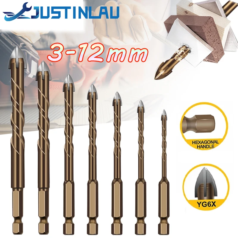 Drill Bits JUSTINLAU Lengthen Cross Hex Tile Bits Glass Ceramic Concrete Hole Opener Alloy Triangle Size 3/4/5/6/8/10/12 mm