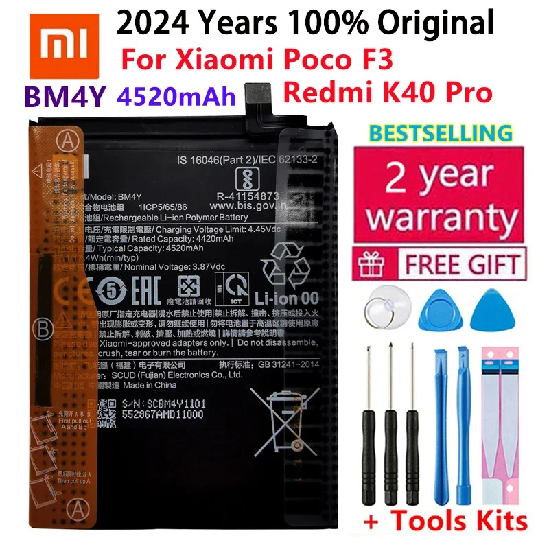 

2024 Years 100% Original 4520mAh BM4Y Battery For Xiaomi Poco F3 Redmi K40 Pro K40Pro Batteries Bateria+Tools Free Fast Shipping