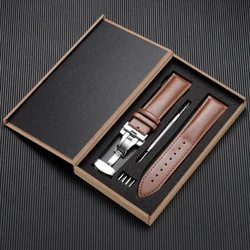 Elegant Red Brown Leather Watch Strap with Butterfly Buckle and Gift Box - 17mm (Light Brown)
