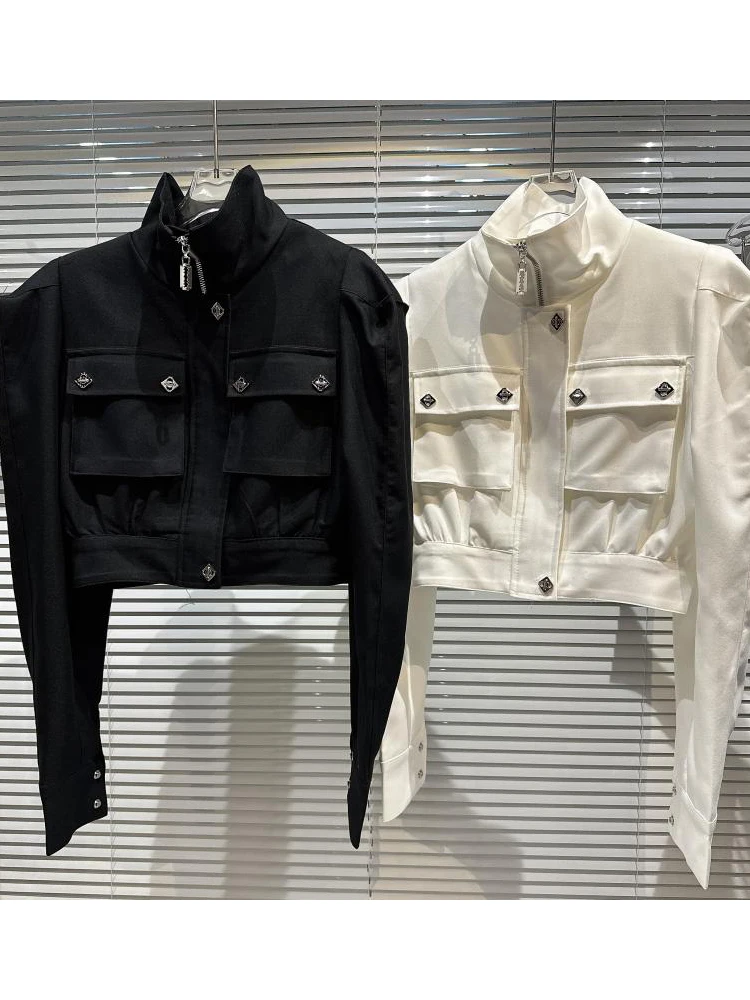 

HIGH STREET Newest 2024 Designer Jacket Women's Pocket metal buckle bubble shoulder pad short Jacket