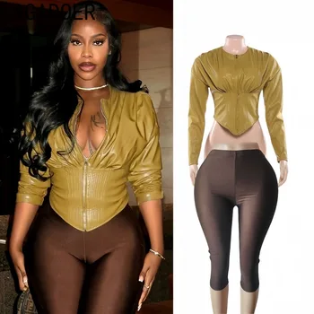 FAGADOER Fashion 2 Pieces Set for Woman Solid Color Leather Patchwork Long Sleeves Crop Top + Pants Matching Female Streetwear 1