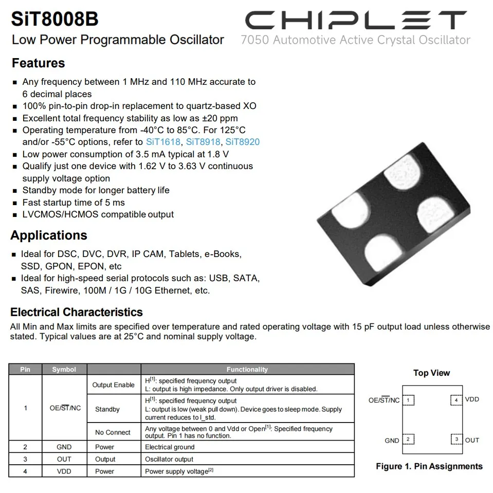 2Pcs SIT8008BI-81-33E 활성 수정 발진기 7050 자동차 OSC 3.3V SMD 75Mhz 20ppm 클록 발진기 5070 -40 85 ℃ SIT800