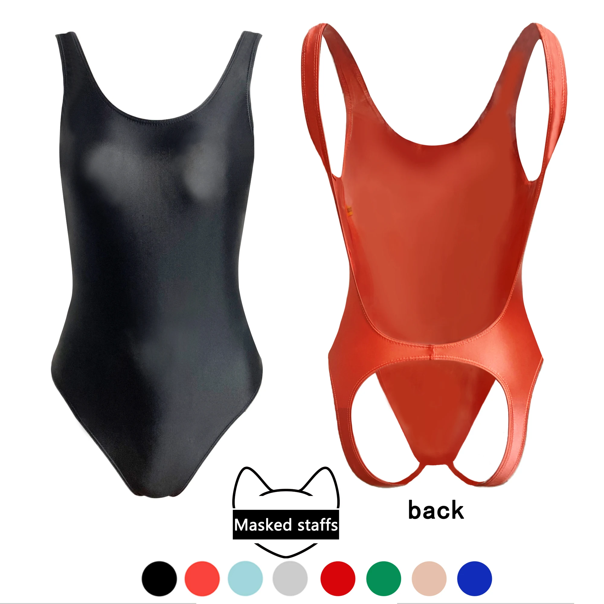 

Masked staffs One piece swimsuit sexy tight high elastic oily glossy swimsuit solid color Open crotch silky bikini