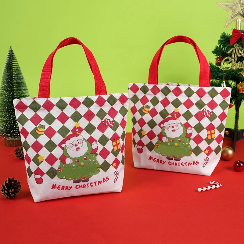 Cartoon Christmas Gift Bag Santa Claus Plaid Canvas Tote Bag Christmas Eve Apples Gift Box Handbag Large Capacity Shopping Bag