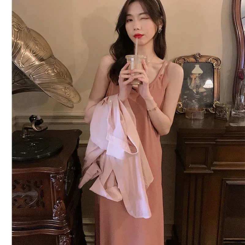 Double Shoulder Strap Design Suspender Skirt Outer Tower Sun Protection Shirt Two-piece Set Versatile and Elegant Long Skirt
