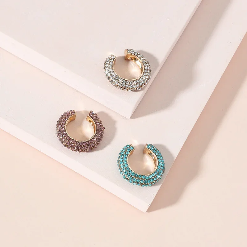 Women Jewelry Personality Accessories C-Shape Rhinestones Ear Clips Bohemian Colorful Ear Cuff Luxury Clip On Earring