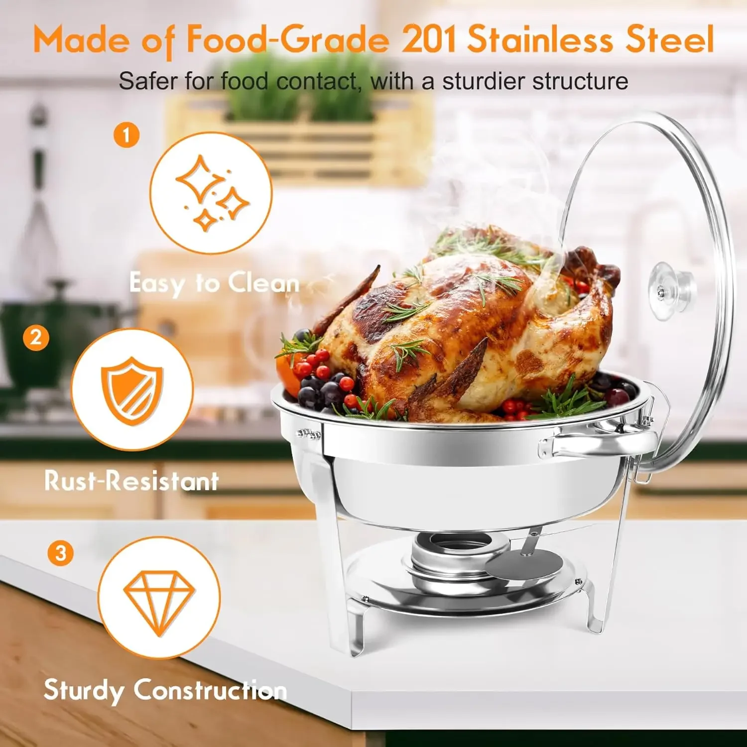 Dervipas Upgraded 4 Pack 5QT Chafing Dish Buffet Set, Stainless Steel Round Chafers for Catering with Glass Viewing Lid & Lid Ho