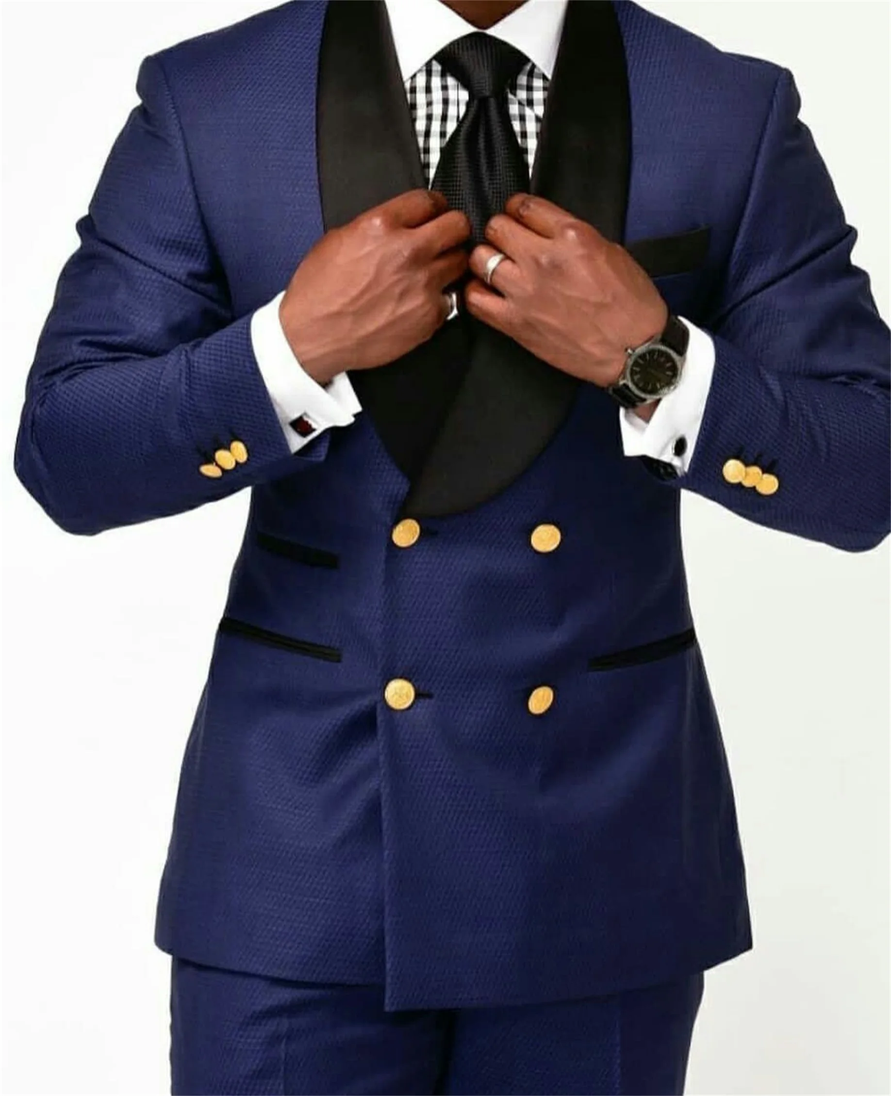 

2022 Double Breasted Slim Fit Wedding Tuxedos Navy Blue Groom Suits Custom Made Groomsmen Best Man Prom Party Suits 2 Pieces