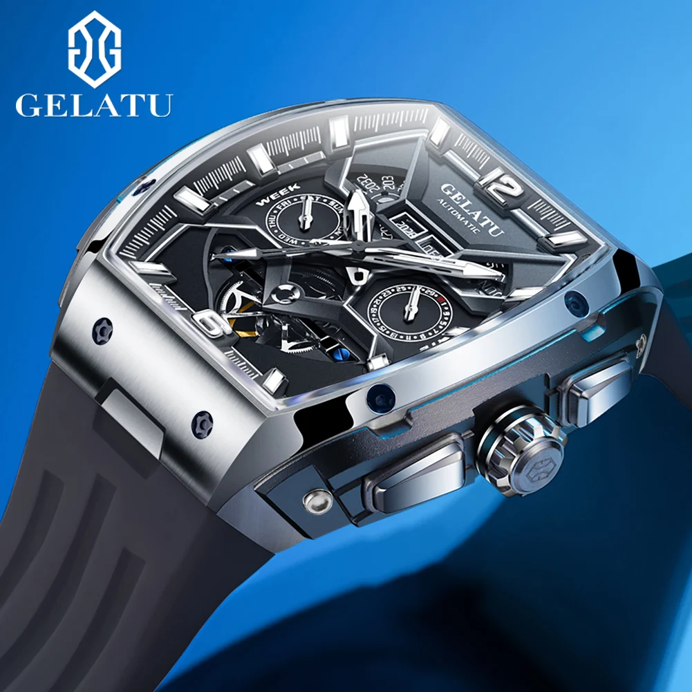 GELATU 6013 Watch For Men Original Fashion Big Dial Hollow Automatic Wristwatch Silicone Strap Deep Waterproof Mechanical Watch