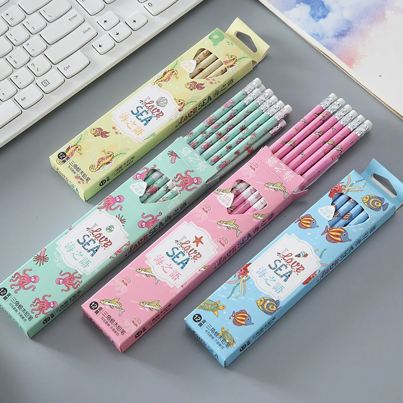 12Pcs/set Love Sea Pencils for Kids Cute Hb Pencil with Rubber Children's Pencils Gift School Stationery Supplies