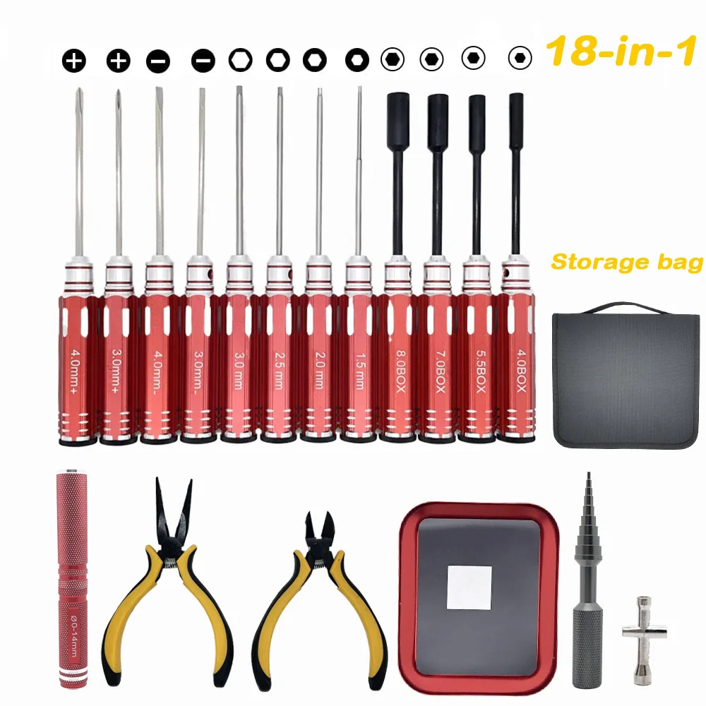 Vue d'ensemble du coffret YSIDO contenant 18 outils RC, prêts à l'emploi.