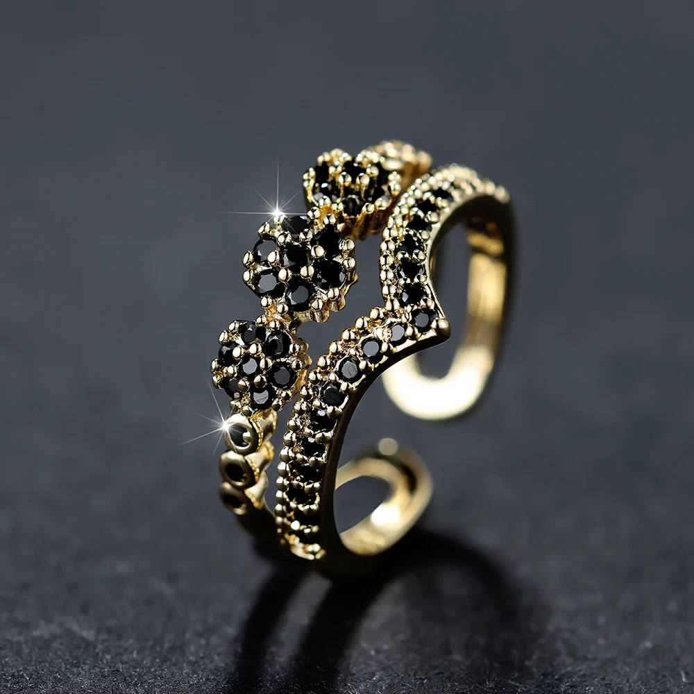 Stone Wave Rings For Women Antique Gold Color Zircon Flower Wedding Bands Adjustable Finger Ring CZ crystal rings,zircon rings,stone rings,fashion rings,gold rings,wedding rings,fashion ring,finger rings,metal rings