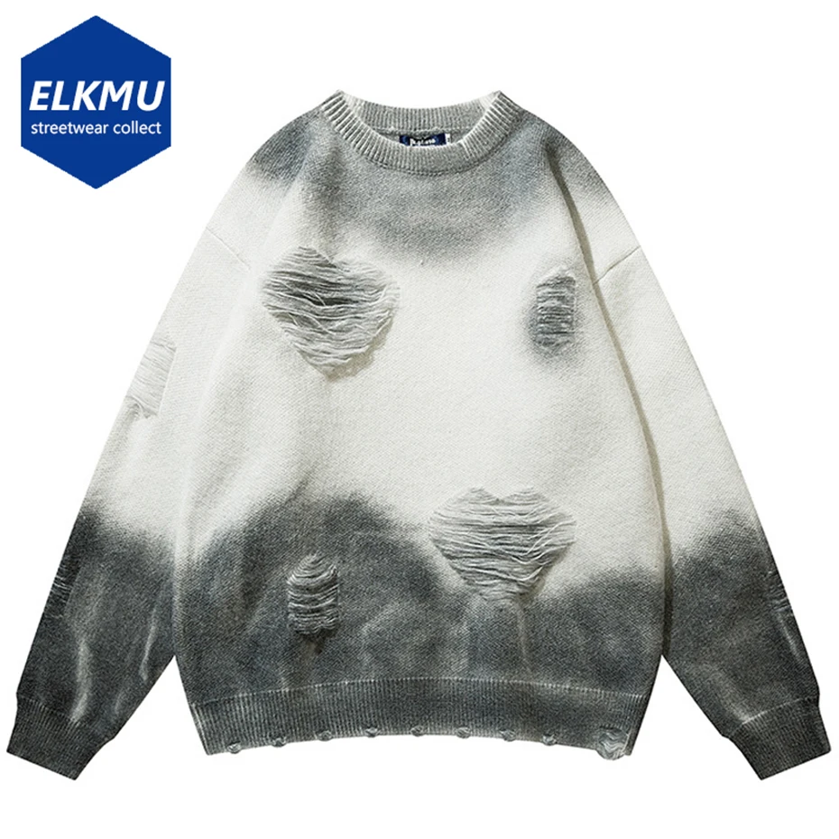 ELKNLMU Vintage Streetwear ripped Sweatshirt Men Fashion Autumn