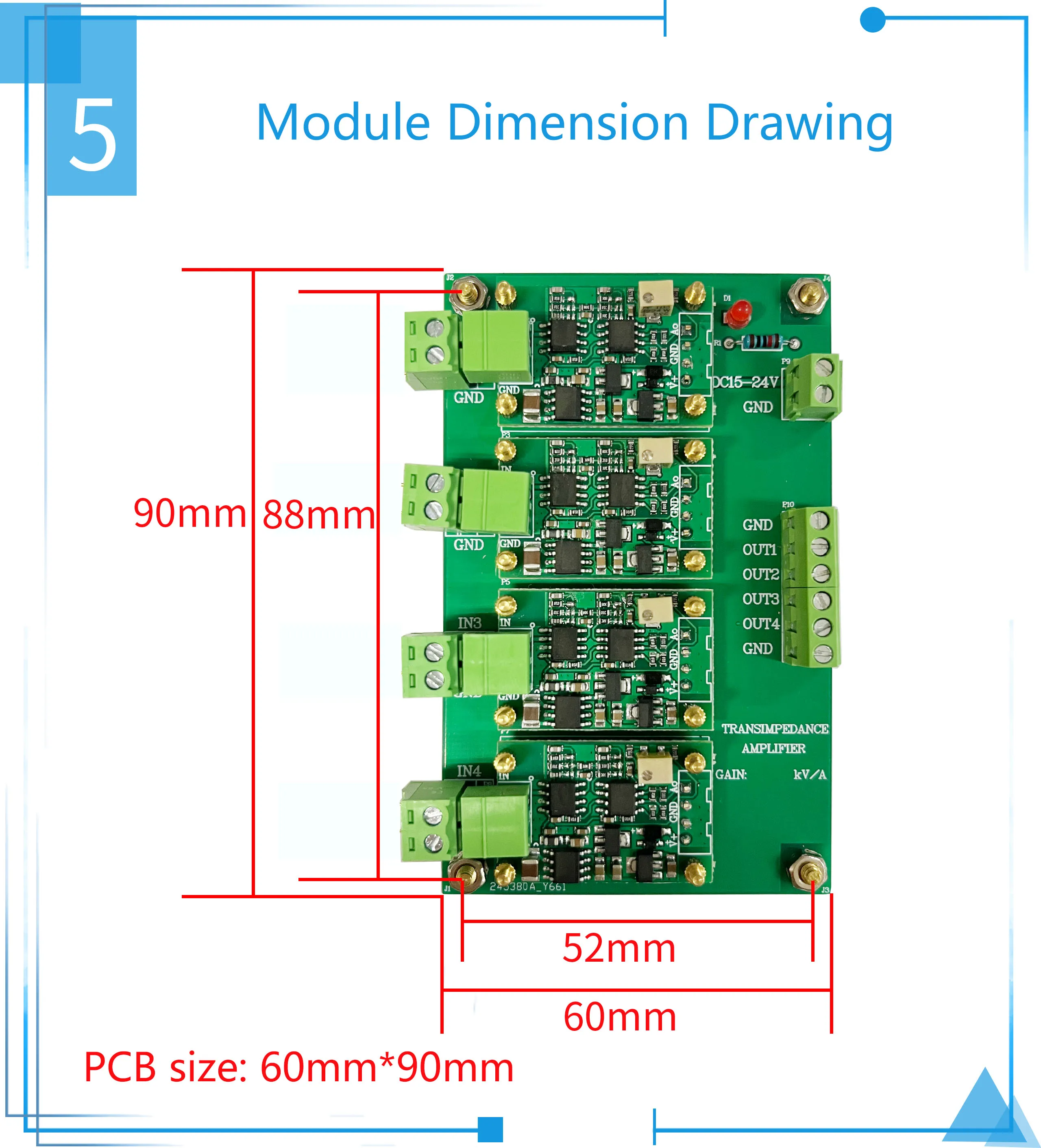 Multi-channel IV conversion amplifier module, silicon PIN photodiode detector, f