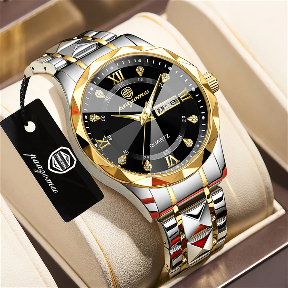 

PAAZOMU Men Watch Stainless Steel Top Quailty Luxury Push Button Hidden Clasp Waterproof Luminous Date Week Sport Wrist Watches
