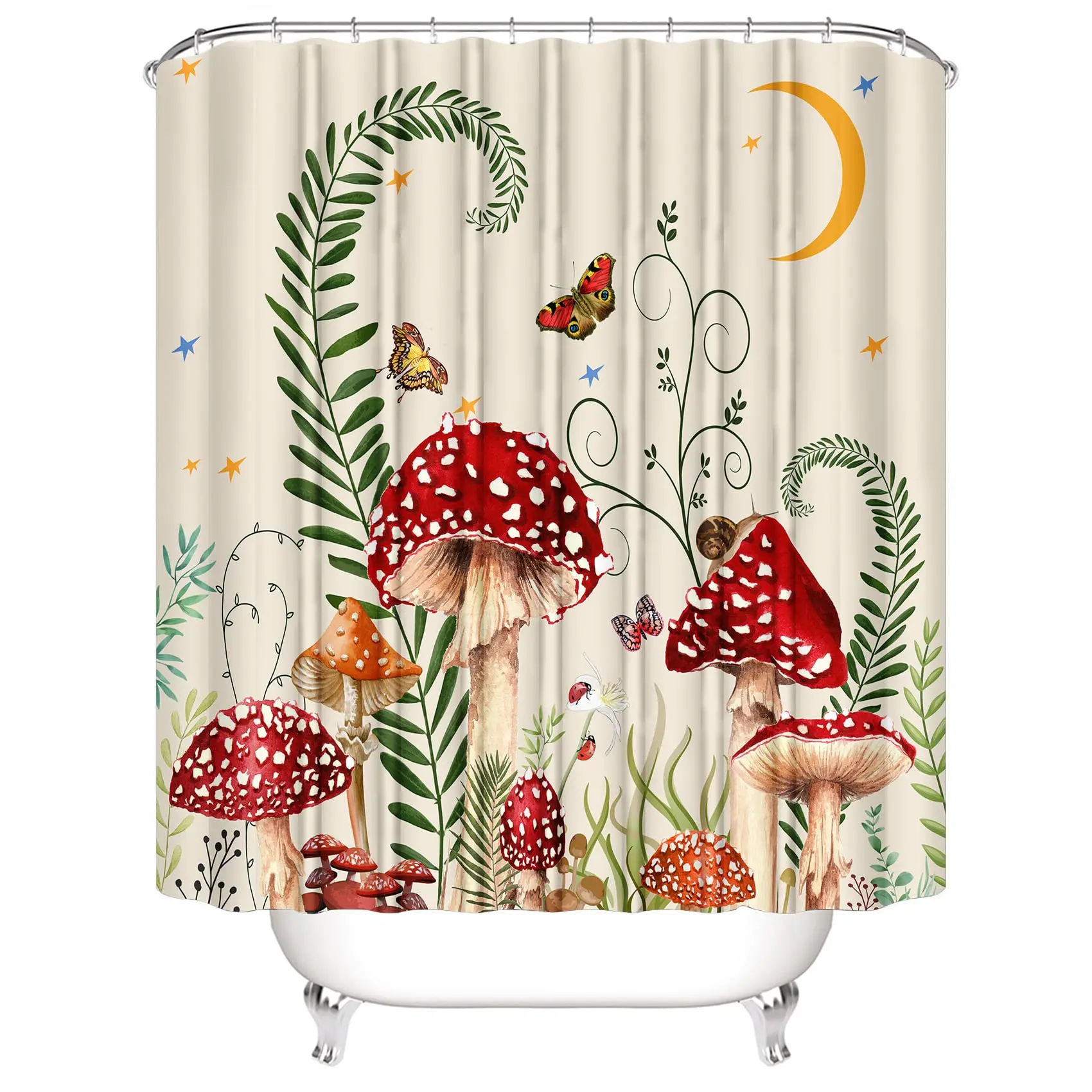 4pcs Bathroom Sets Rugs Shower Curtain, Mushroom Pattern Waterproof Polyester Shower Curtain With , Non-Slip Bathroom Rug, Toil