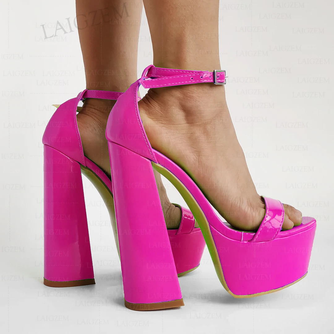 Block Heel Ankle Straps - Neon Pink 38