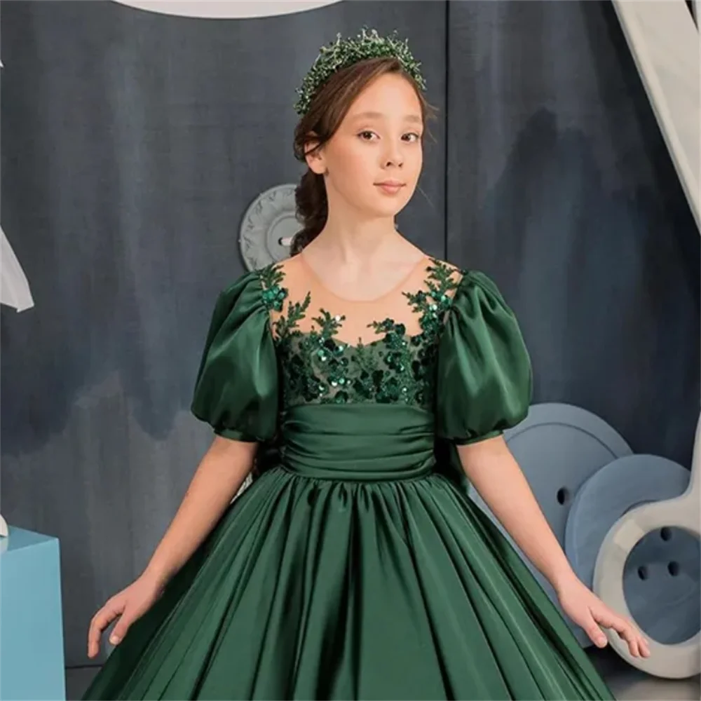 First Communion Dresses Elegant Tulle Decals Fluffy Bow Belt Princess Flower Girl Dress Wedding Party Ball Dream Kids Gift