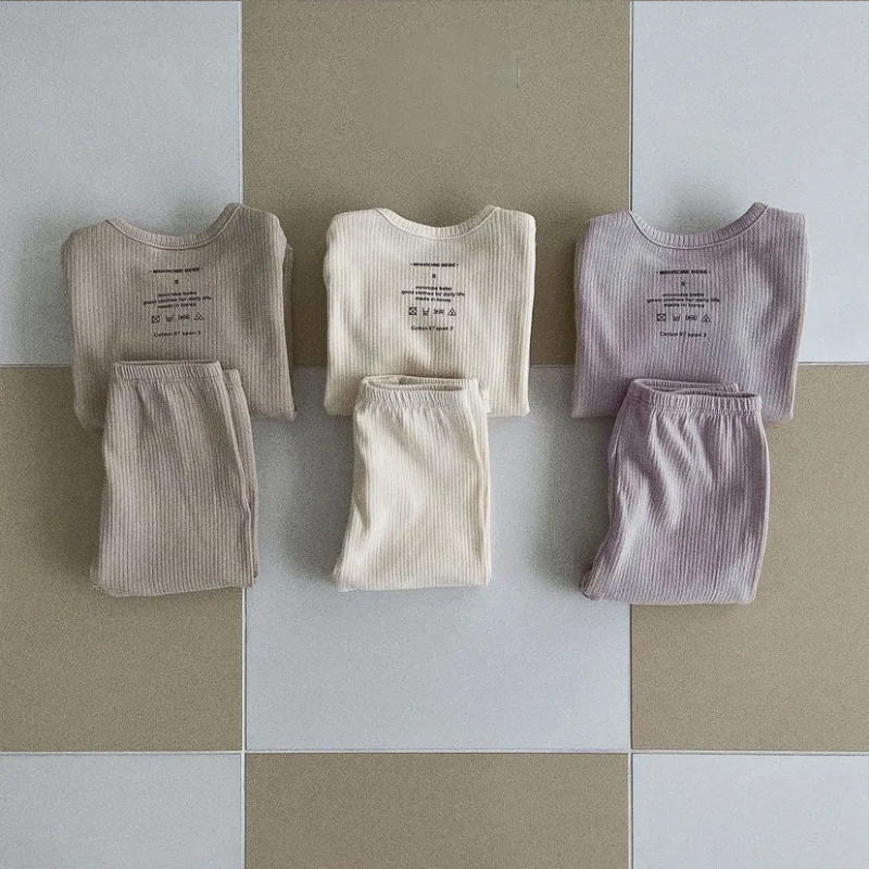 New Autumn Baby Boy Girl Pajamas Solid Pit Stripe O-neck Pullover Top+Elastic Waist PP Pants Newborn Home Wear Nightgown E8311