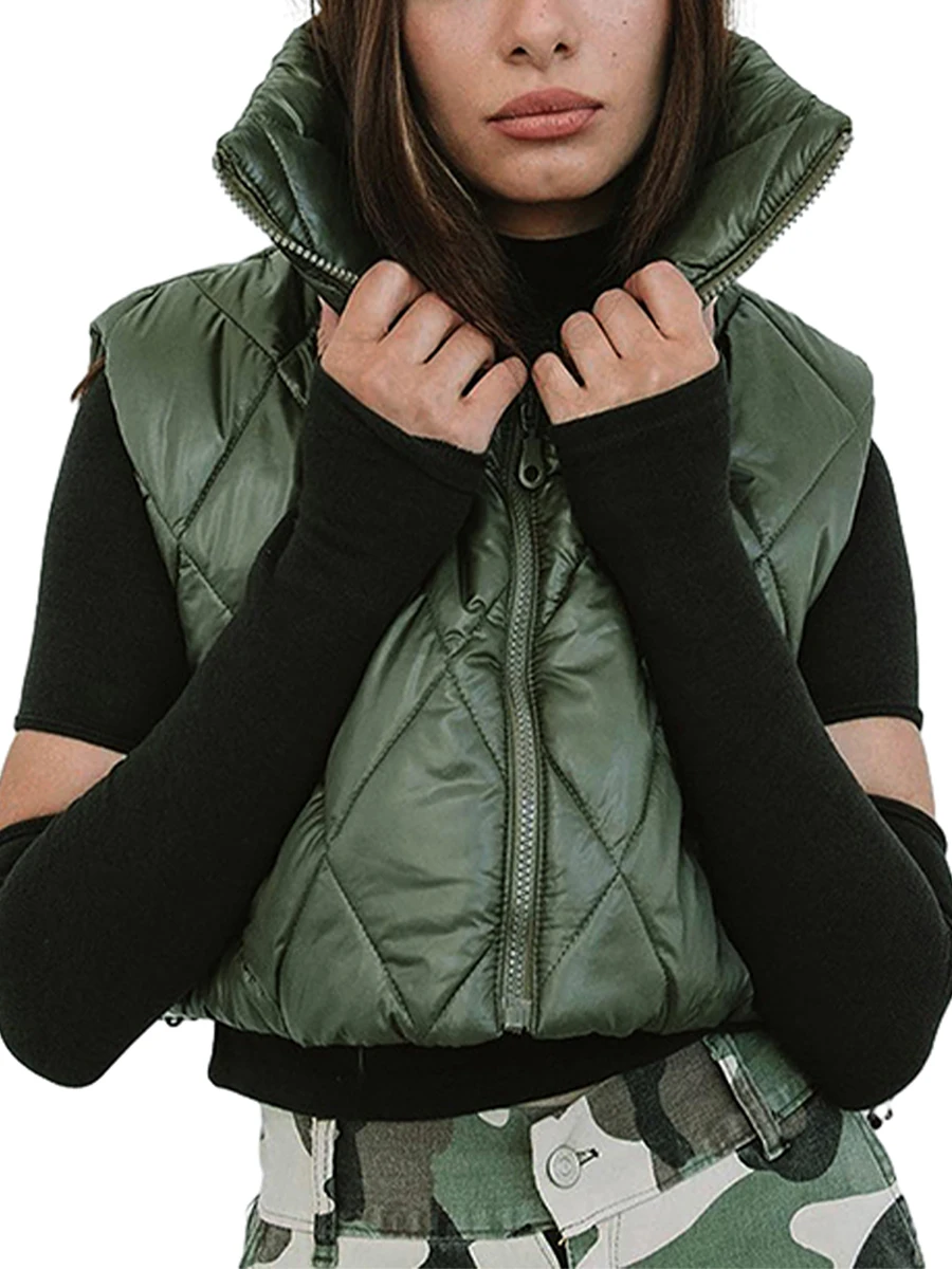 

CHQCDarlys Women s Winter Crop Vest Lightweight Sleeveless Stand Collar Zipper Warm Outerwear Puffer Vest Padded Gilet