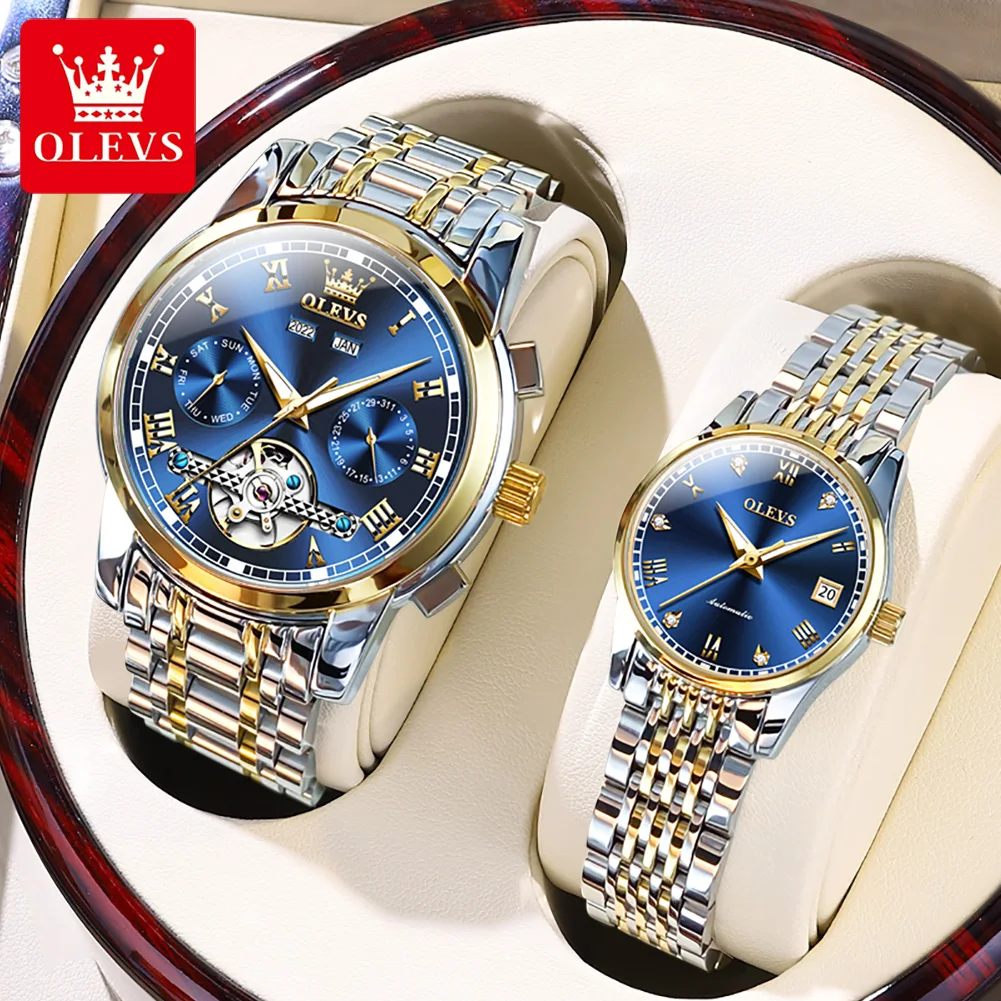 OLEVS 6607+6602 Men Women Watch Luxury Brand Tourbillon Mechanical Watch High end Romantic Lover Date Gift Couple