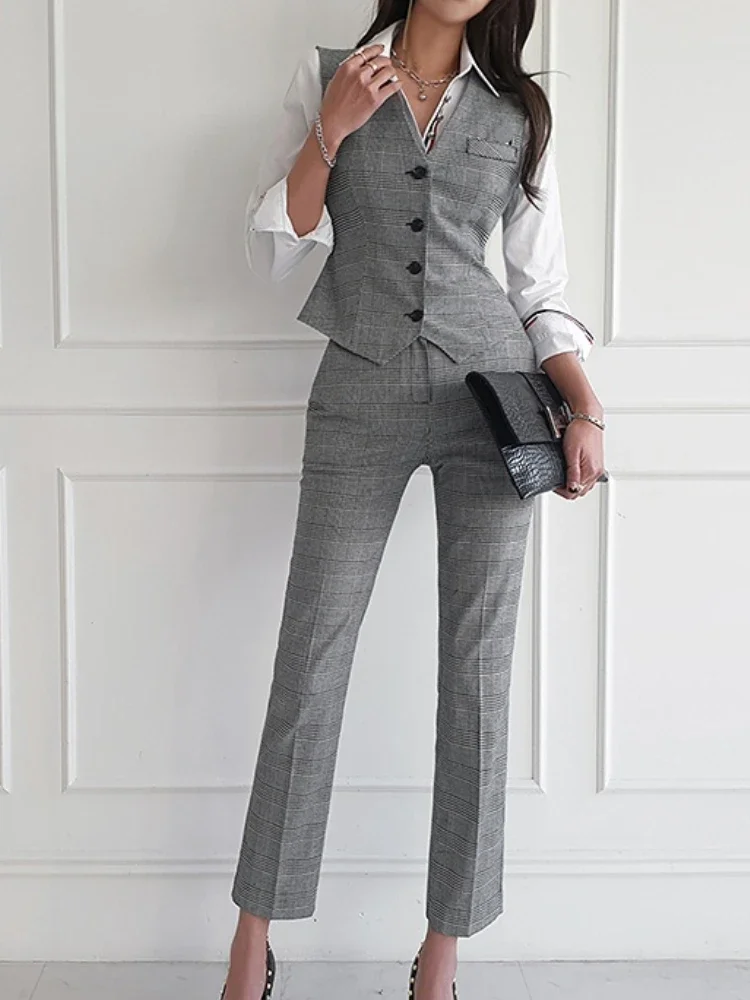Women Plaid 3-piece Pants Sets