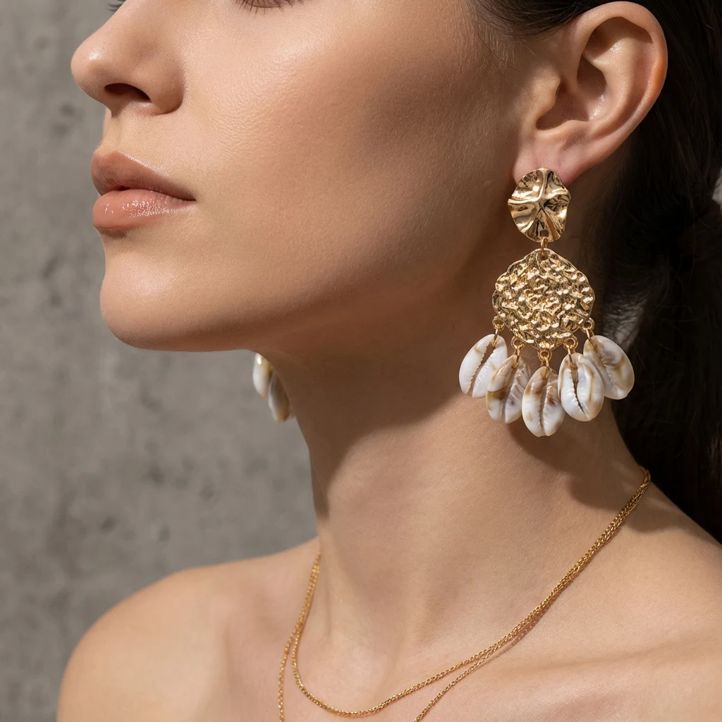 Mehrschichtige Perlenmuschel-Quasten-Ohrringe für Damen, elegante goldfarbene Korallen-Geometrie-Hängeohrringe, Sommer-Strandschmuck – Detail 4