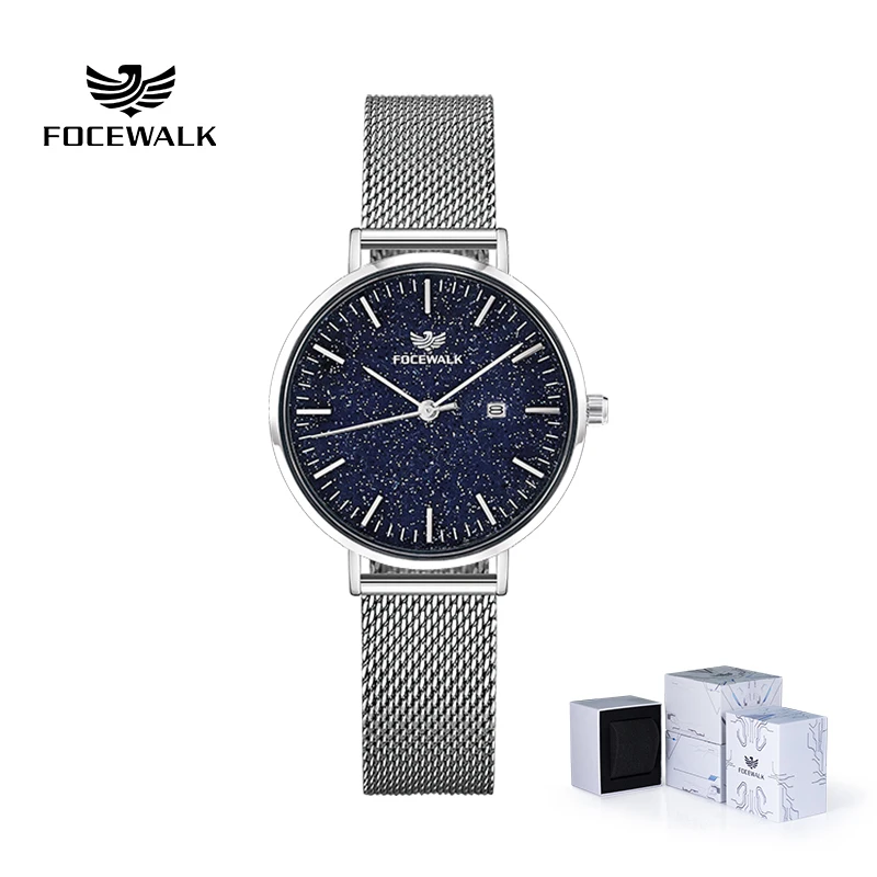 FOCEWALK New Womens Fashion Simple Watch Ladies Leisure Watch Steel Mesh Sports Wristwatches Women's Watch Bracelet