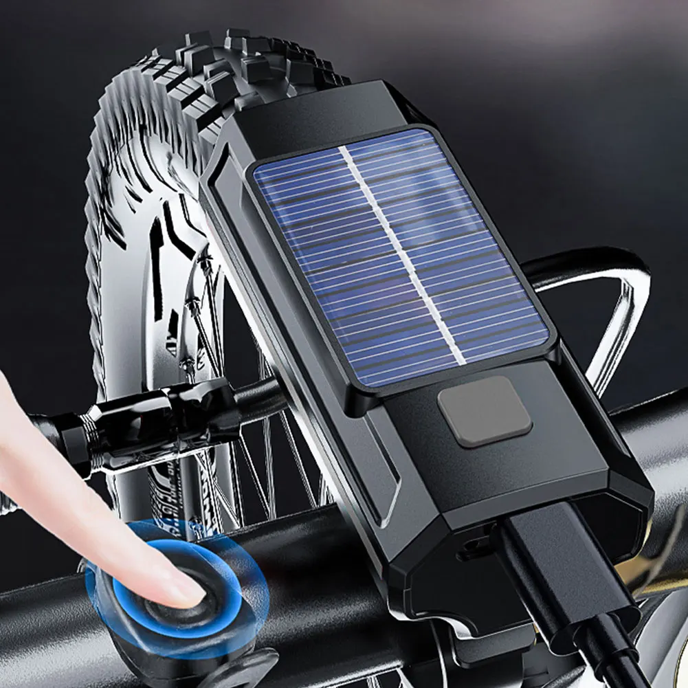 USB 충전 태양광 자전거 헤드램프, MTB 로드 바이크 프론트 램프, 자전거 핸들 바 손전등, 야간 라이딩용 경적 포함, 1200mAh