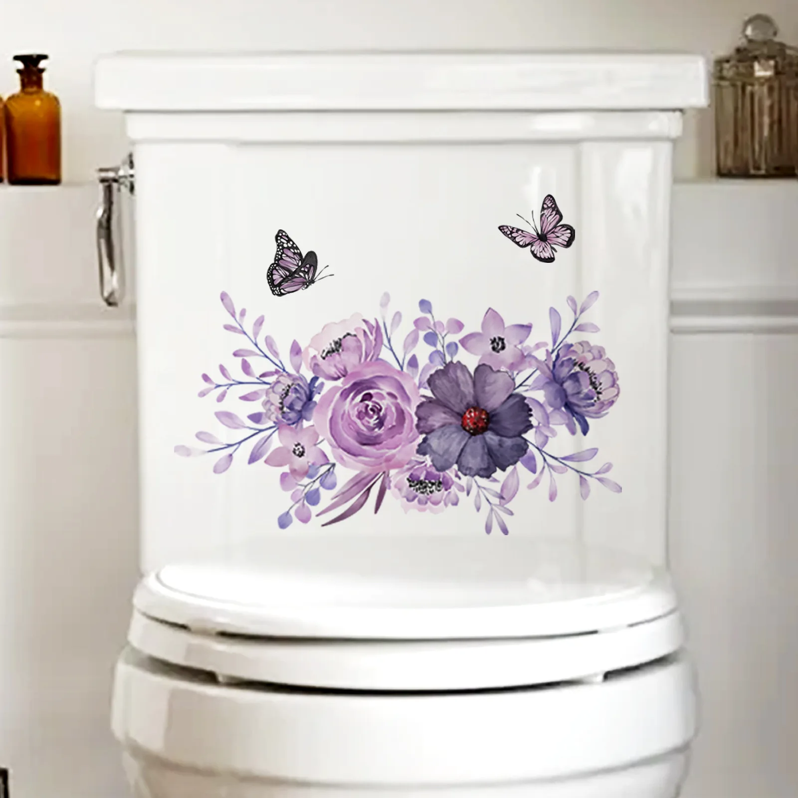 1PC Purple Flowers Toilet Stickers Decoration WC Self-adhesive Wallpaper Mural Toilet Lid Seat Decals Wall Sticker for Kids Room