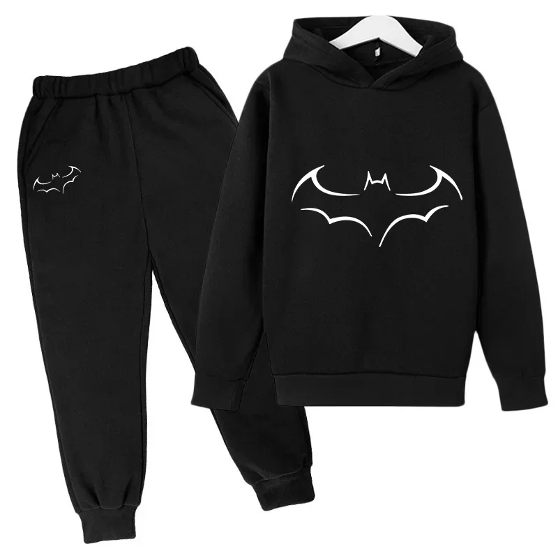Sudadera con capucha y pantalones para niños de primavera y otoño, 2 piezas, traje con estampado de murciélago, sudadera deportiva de 2 a 12 años, ropa para niños y niñas, chándal informal